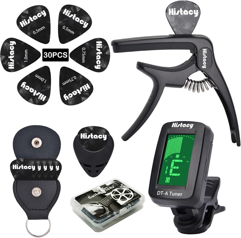 Histacy All Black Guitar Accessories Kit: Clip-On Tuner, 3-in-1 Capo, 30 Picks & Storage for Acoustic, Electric Guitar, Bass & Ukulele, All-in-One Perfect Guitar Gift Set for Men & Beginners & Pros - Image 1